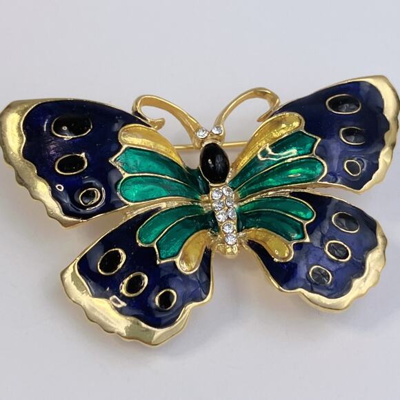 VTG 1980s Gold Tone Enamel Butterfly Brooch Blue Green Glass Rhinestone Pin - Picture 5 of 8
